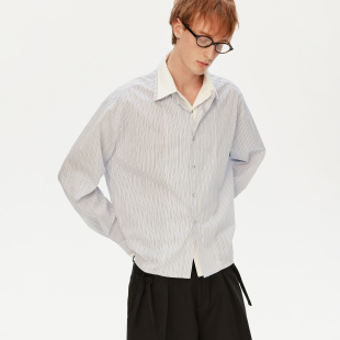 MADWITCH双门襟假两件衬衫 潮 男女宽松休闲设计感条纹衬衣翻领长袖