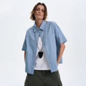 男宽松复古百搭格子短款 衬衫 衬衣上衣潮 休闲格纹短袖 MADWITCH美式