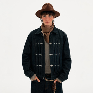 MADWITCH冬季美式褶皱飞机扣设计感牛仔外套男女复古休闲短款夹克