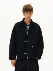 Madwitch Retro Color-Blocked Lapel Detroit Workwear Jacket for Men and Women with Patchwork Design and Airplane Buckle Trendy Coat