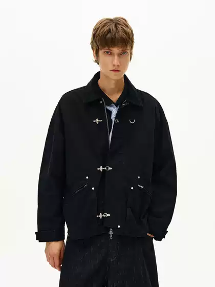 Madwitch Retro Color-Blocked Lapel Detroit Workwear Jacket for Men and Women with Patchwork Design and Airplane Buckle Trendy Coat