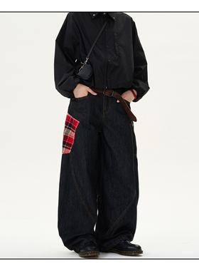 MADWITCH美式复古弯刀牛仔裤男女宽松vintage拼接红色格子裤子ins