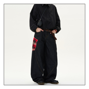 子ins 男女宽松vintage拼接红色格子裤 MADWITCH美式 复古弯刀牛仔裤