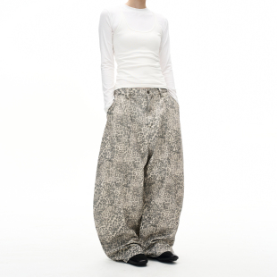 MADWITCH美式复古做旧阔腿水洗豹纹牛仔裤男女宽松廓形弯刀裤子潮