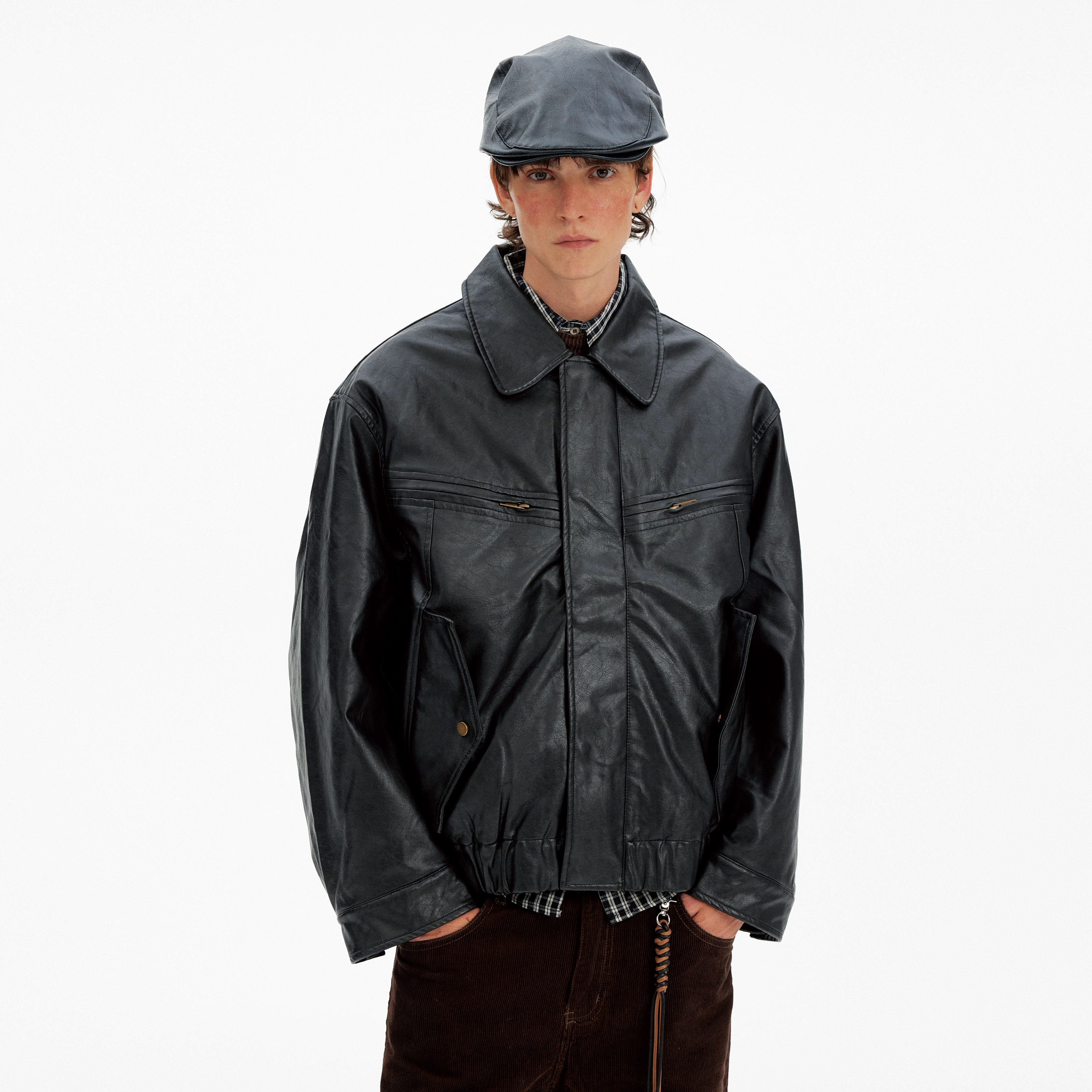 MADWITCH复古痞帅翻领PU皮衣棉服