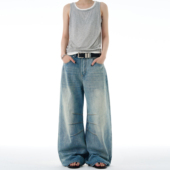 男女宽松休闲廓形纹理感阔腿裤 MADWITCH美式 复古竹节棉弯刀牛仔裤