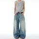男女宽松休闲廓形纹理感阔腿裤 MADWITCH美式 复古竹节棉弯刀牛仔裤