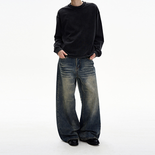MADWITCH美式做旧水洗直筒牛仔裤男女复古休闲宽松阔腿设计感裤子
