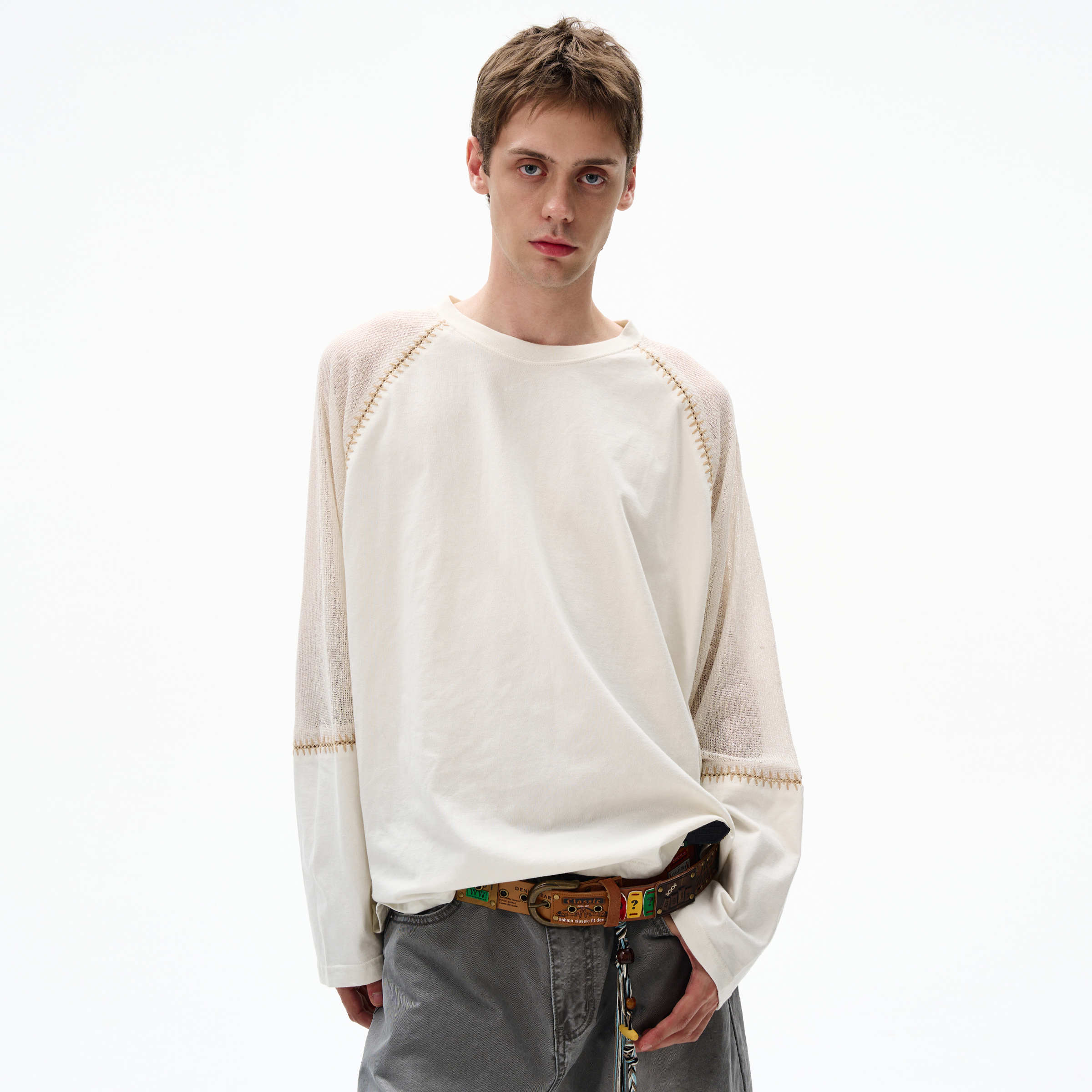 MADWITCH手缝线拼接针织长袖T恤