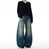 男女宽松廓形水洗做旧裤 MADWITCH美式 街头痞帅泼墨弯刀牛仔裤 子潮