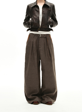 MADWITCH复古老钱风千鸟格褶皱休闲裤男女宽松阔腿中古垂感西裤潮