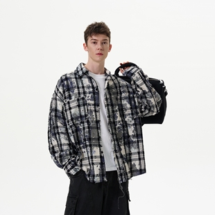 MADWITCH美式 高街vibe磨破拉丝宽松情侣外套男女 复古撞色格子衬衫