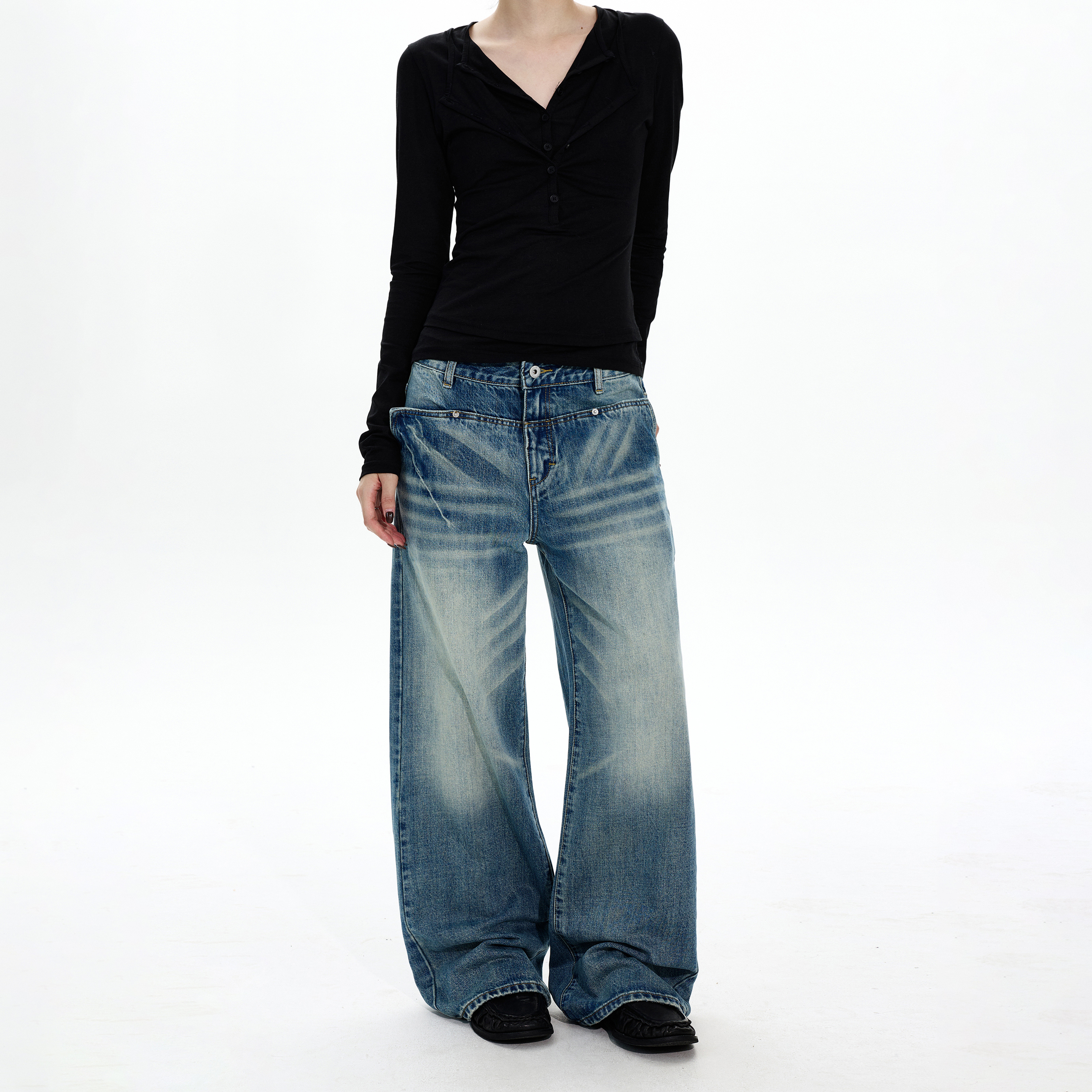 MADWITCH美式复古水洗磨白牛仔裤