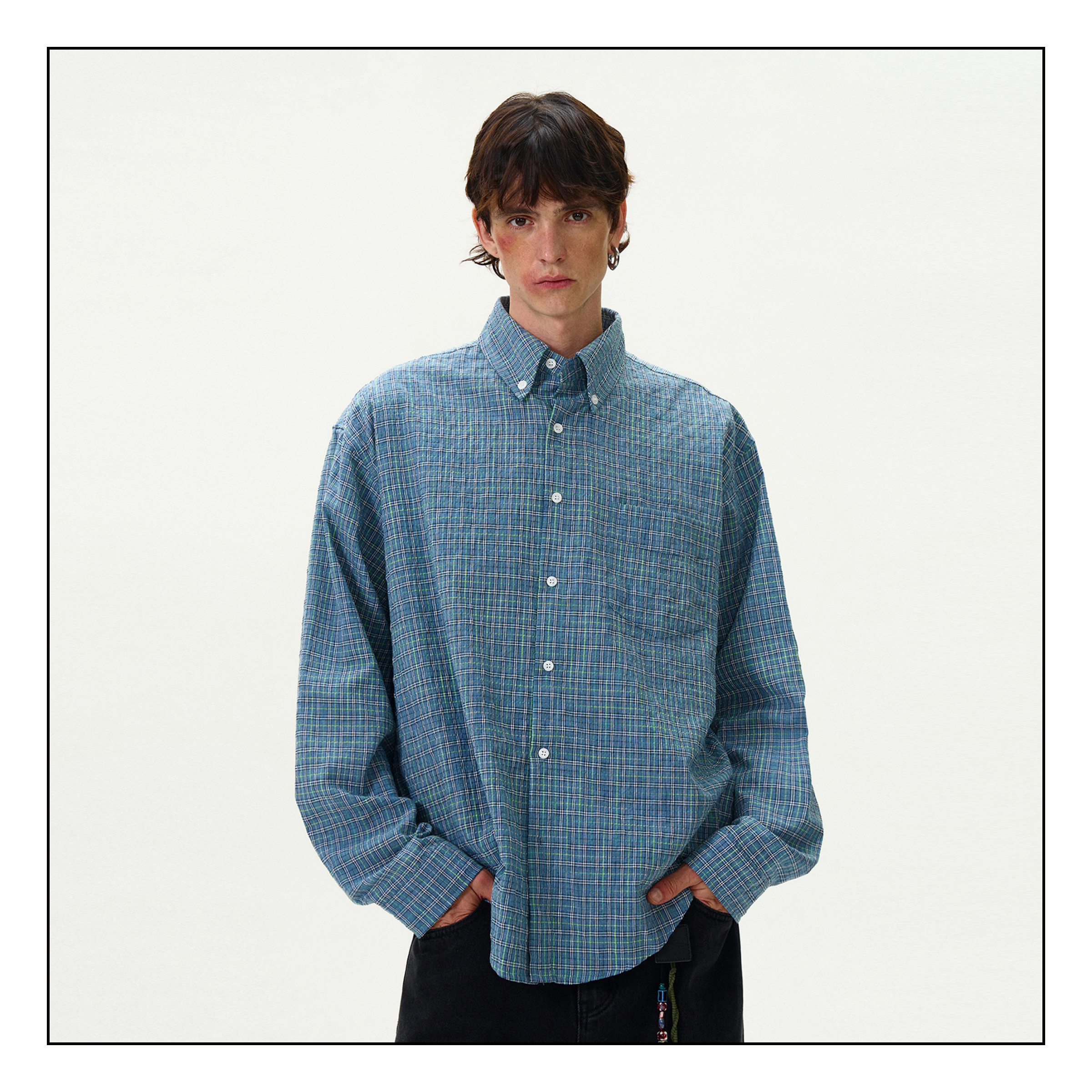 MADWITCH美式复古格纹褶皱衬衫