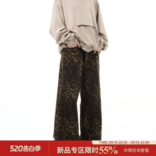 MADWITCH美式复古豹纹牛仔裤