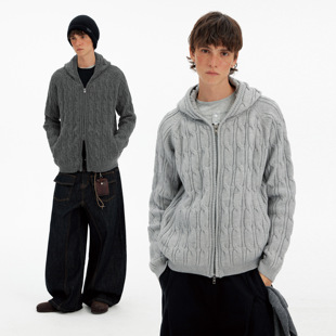 MADWITCH复古慵懒风编织麻花连帽针织衫男女冬季休闲开衫毛衣外套