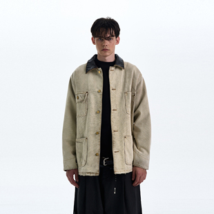 MADWITCH复古巴恩风谷仓夹克男美式 vintage宽松做旧皮领外套上衣