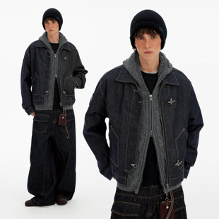MADWITCH美式潮牌解构水洗飞机扣牛仔夹克男女复古痞帅设计感外套