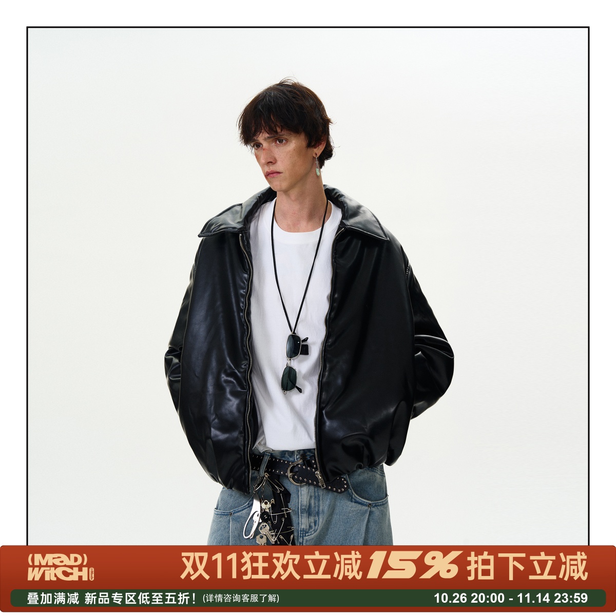 MADWITCH美式复古短款pu皮棉服