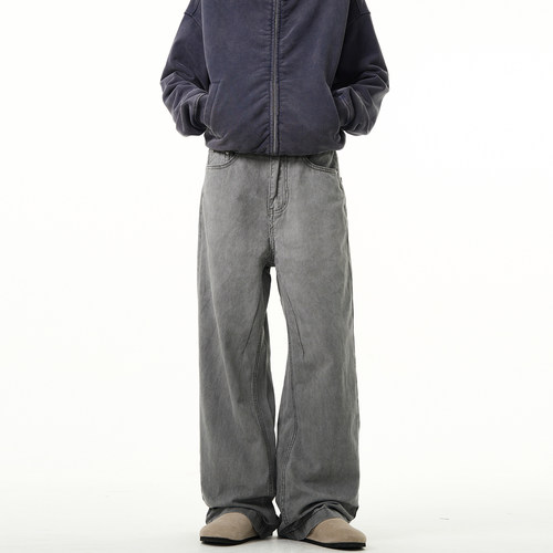 MADWITCH复古灰色直筒牛仔裤