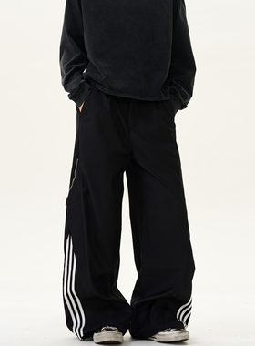 MADWITCH美式复古三道杠条纹休闲裤男女宽松休闲侧拉链设计感裤子