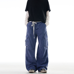 子 男女vintage宽松做旧baggy阔腿裤 MADWITCH美式 水洗法工蓝休闲裤