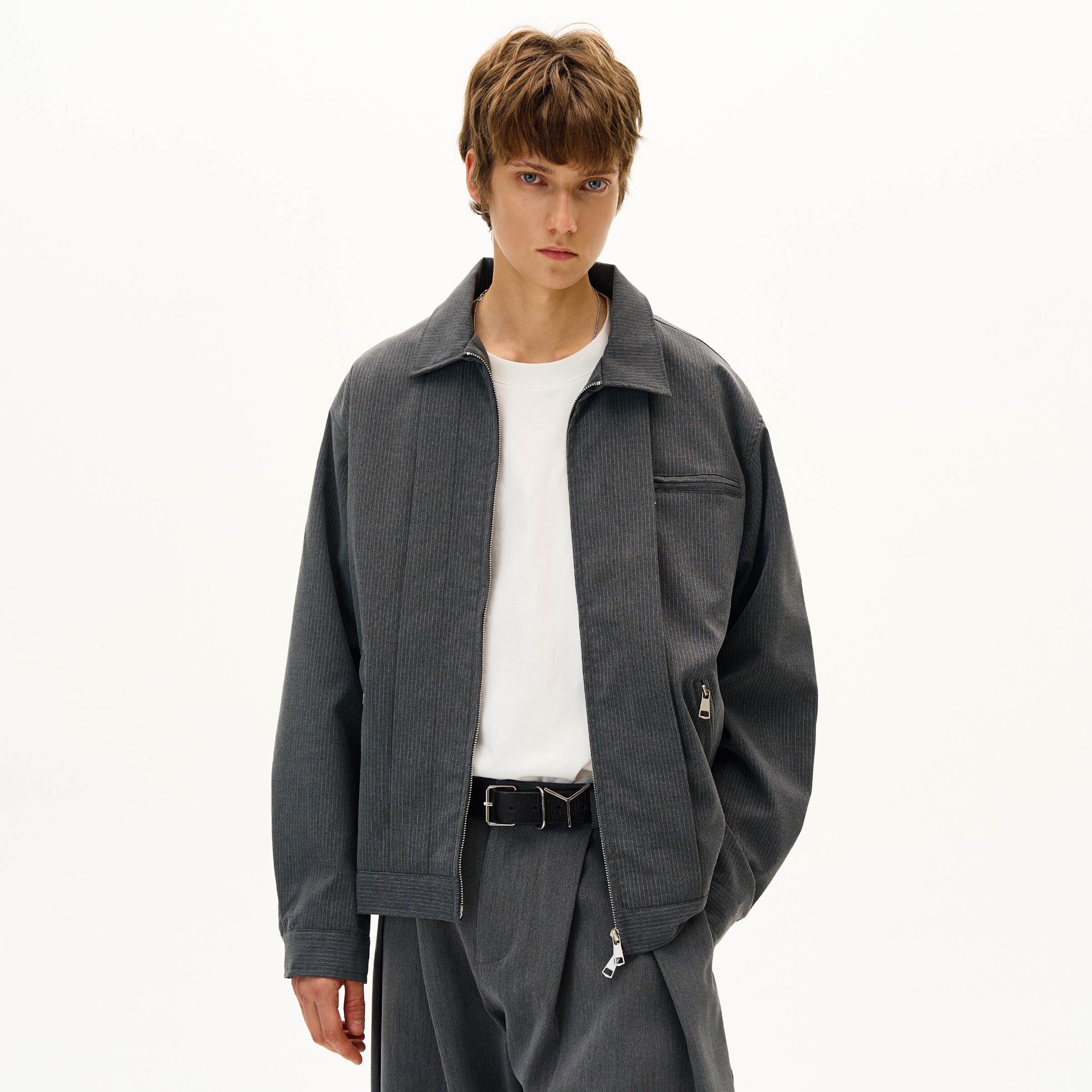 MADWITCH复古高级感条纹翻领夹克