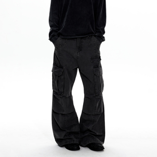 MADWITCH美式复古水洗多口袋褶皱工装裤男女宽松直筒设计感休闲裤