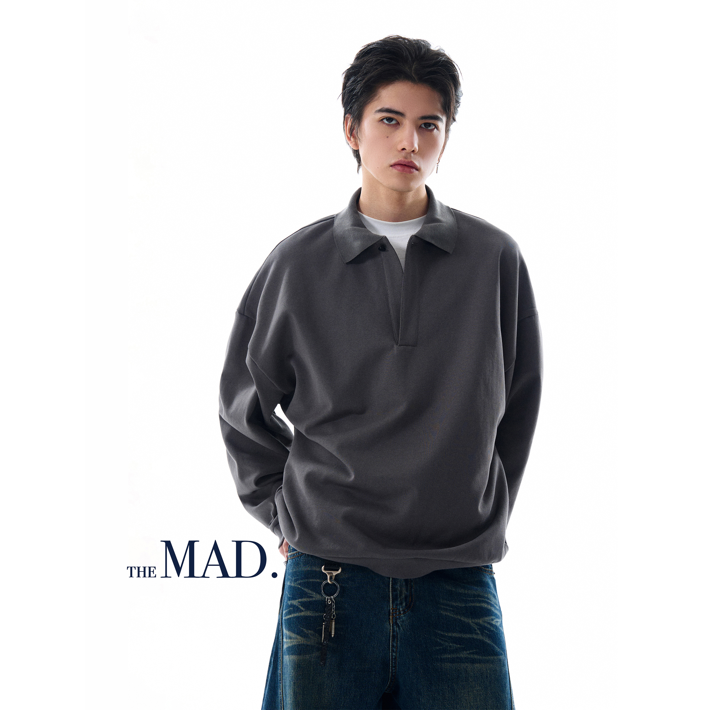 MADWITCH美式高级感纯色翻领卫衣