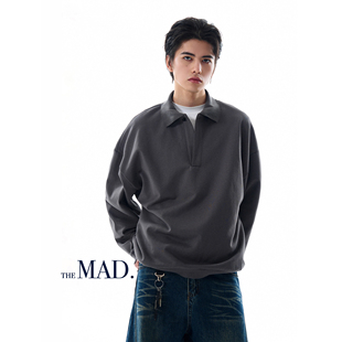 MADWITCH美式 高级感纯色翻领卫衣男女宽松休闲vintage套头上衣ins