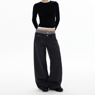 MADWITCH美式潮牌拼接双腰头牛仔裤男女复古水洗设计感痞帅阔腿裤