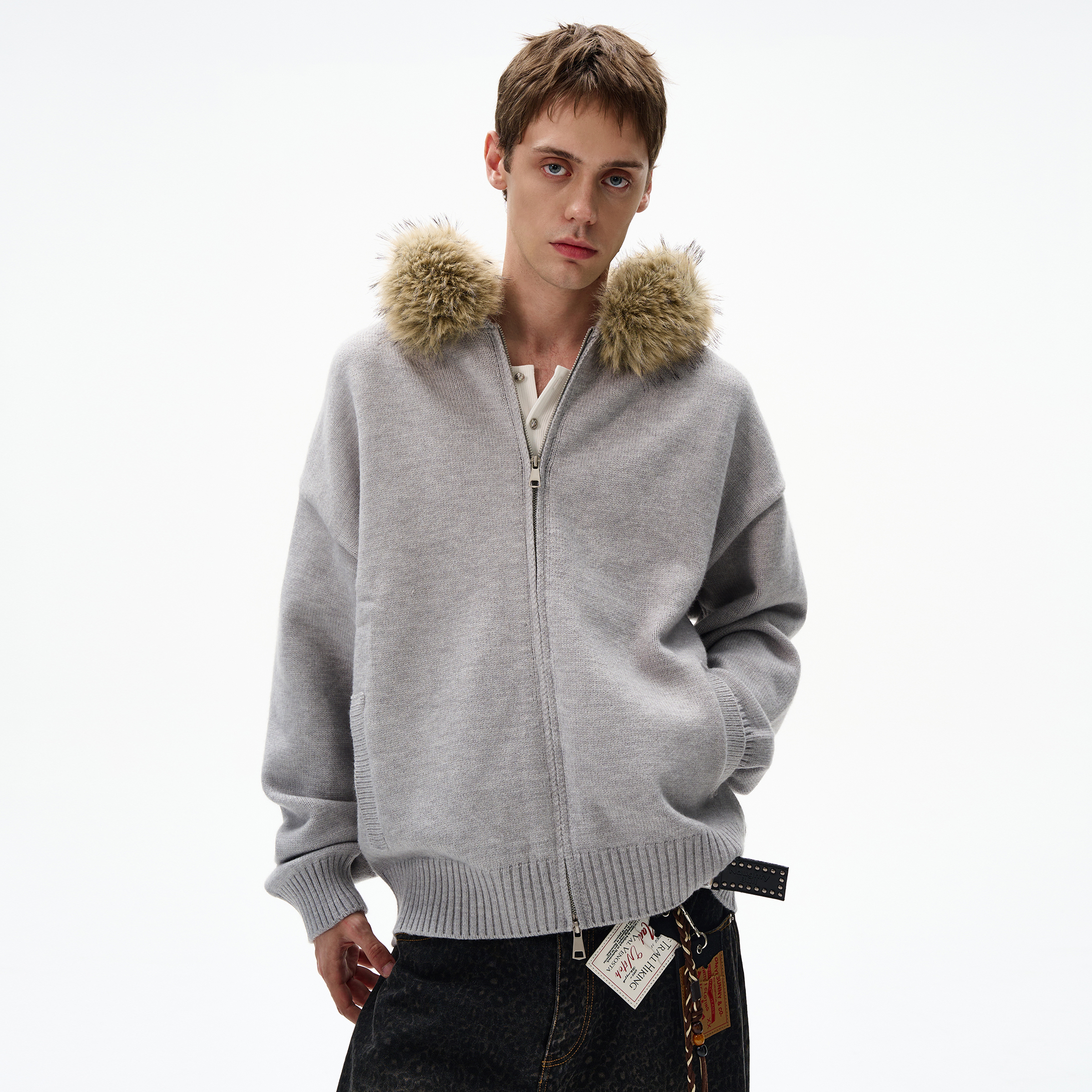 MADWITCH复古毛领连帽针织衫卫衣