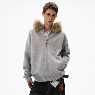 MADWITCH复古可拆卸毛领连帽针织衫卫衣男女宽松休闲情侣开衫外套