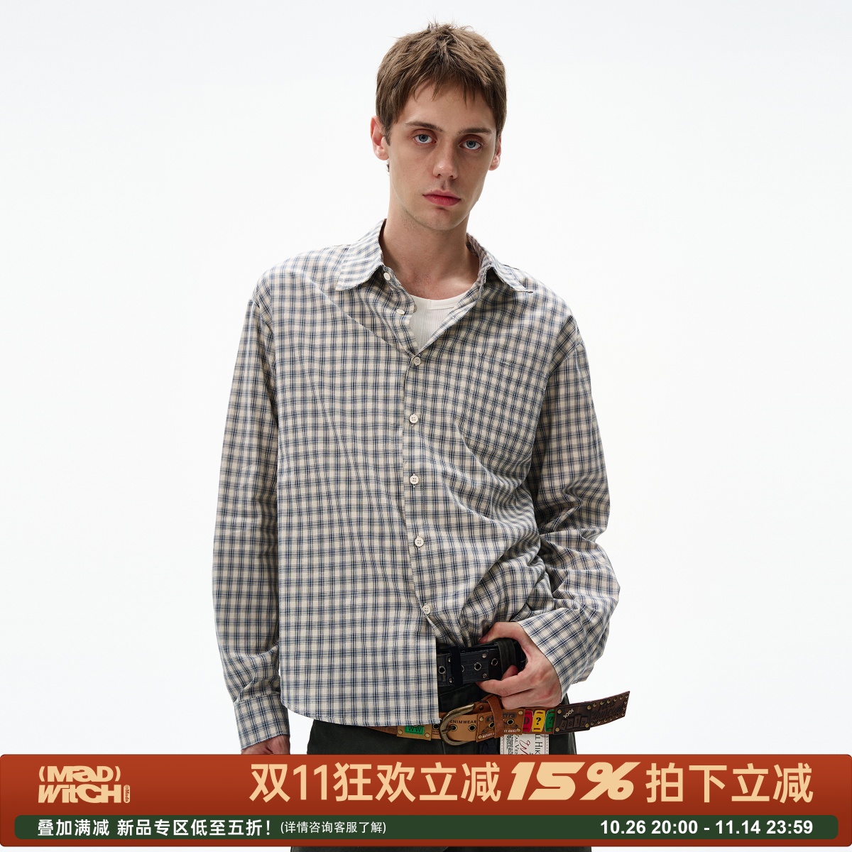 MADWITCH美式复古格纹长袖衬衫潮