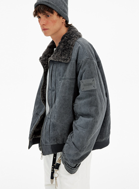 MADWITCH复古做旧解构褶皱毛领棉服男女冬季休闲加绒加厚保暖外套