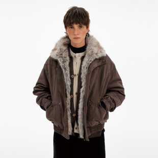 MADWITCH复古水洗裁剪可拆卸毛领工装棉服男女冬季休闲座山雕外套