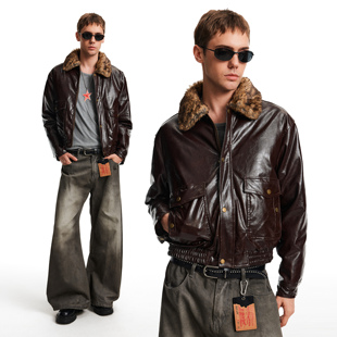 痞帅加厚外套潮 工装 MADWITCH美式 复古拼接毛领PU皮衣棉服男女冬季