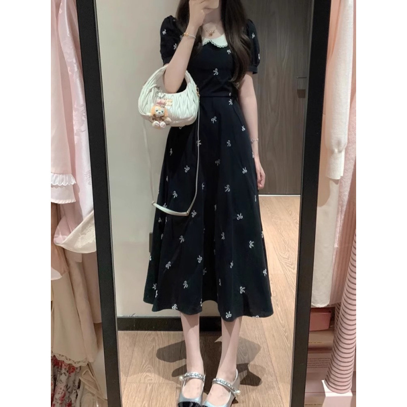 大码胖mm赫本风气质蝴蝶结连衣裙女夏法式复古收腰显瘦长裙200斤