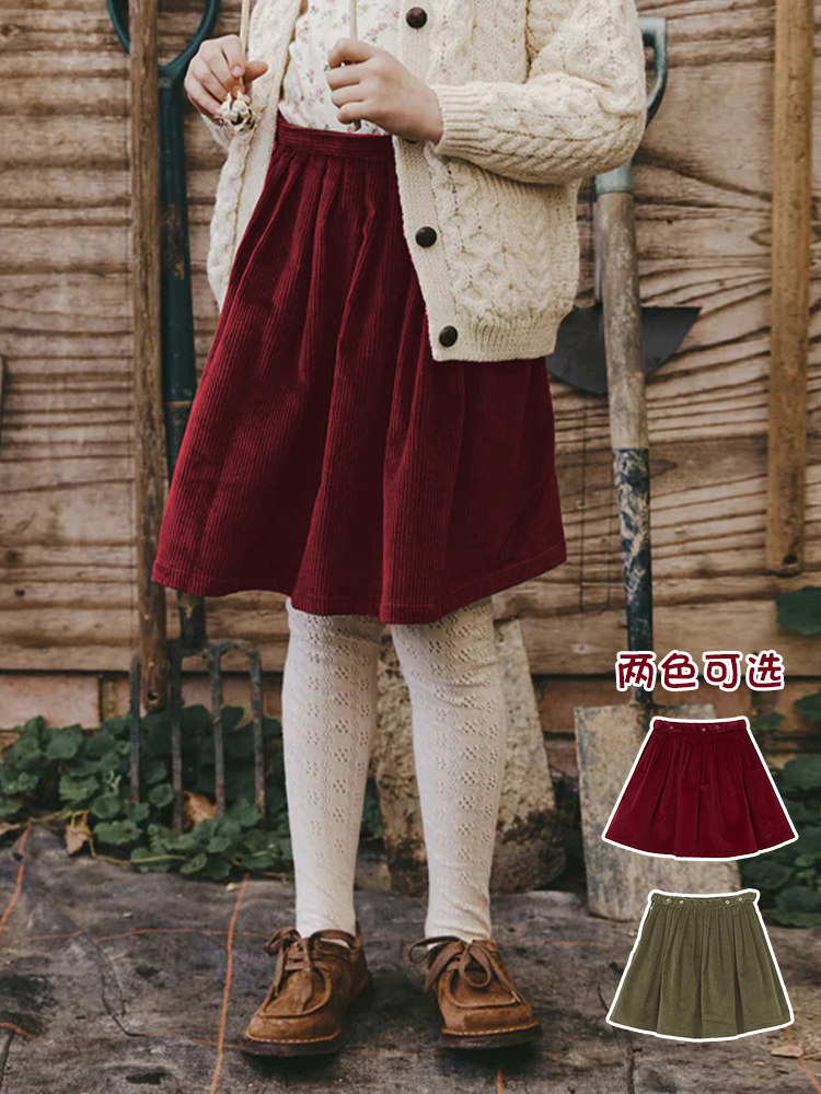 童装纯棉灯芯绒半身裙女童A字裙秋冬新款复古红色短裙女宝宝裙子