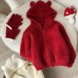 儿童装新年红色毛衣仿水貂毛男童女童针织衫外套秋冬白色毛绒开衫