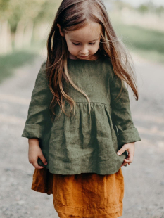 女童装北欧风棉麻长袖T恤女春秋荷叶下摆上衣女宝森系亚麻娃娃衫