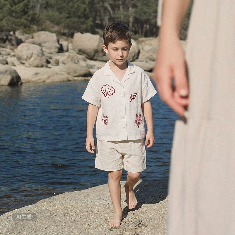 男童刺绣棉麻衬衫夏季白色短袖上衣儿童装度假风宝宝亚麻T恤透气