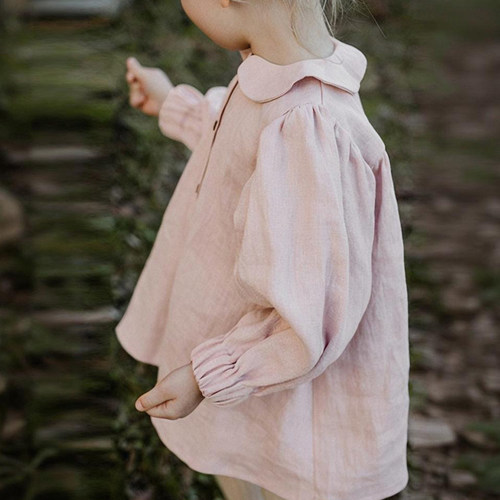 女童亚麻衬衣粉色夏季衬衫裙子透气儿童装长袖上衣女宝宝娃娃衫
