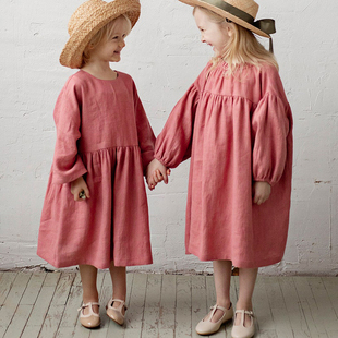 灯笼袖 儿童森系复古公主裙宝宝裙子 白色罩衫 女童棉麻连衣裙夏季