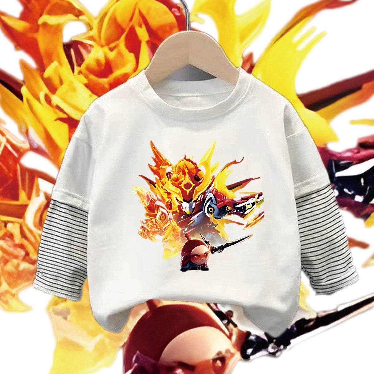 春夏爆款假两件纯棉长袖t恤蛋仔火麒麟2026男女童装条纹袖衣服潮T