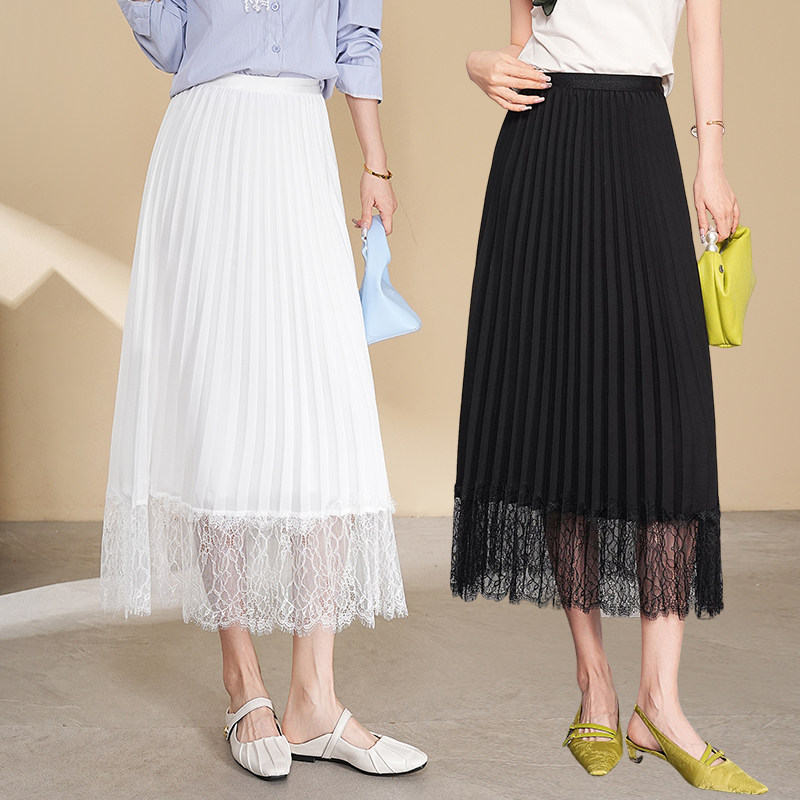 蕾丝拼接黑色半身裙女士2026春季新款高级缎面桑蚕丝气质a字长裙