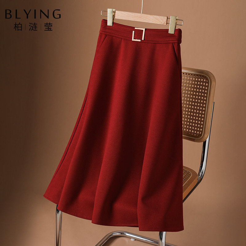 红色毛呢半身裙女2025新款春秋