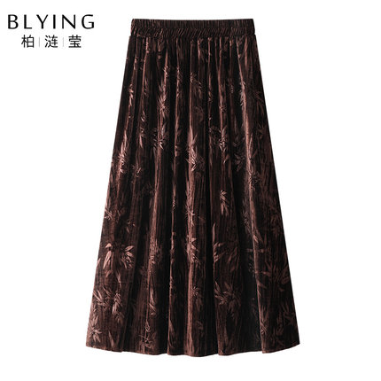 棕色金丝绒A字半身裙女2025新款夏季中长款伞裙高腰百褶裙长裙子