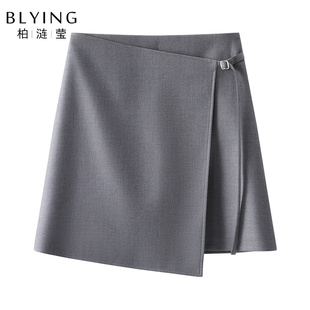 灰色西装半身裙女2025新款早秋季高腰不规则短裙小个子a字裙半裙