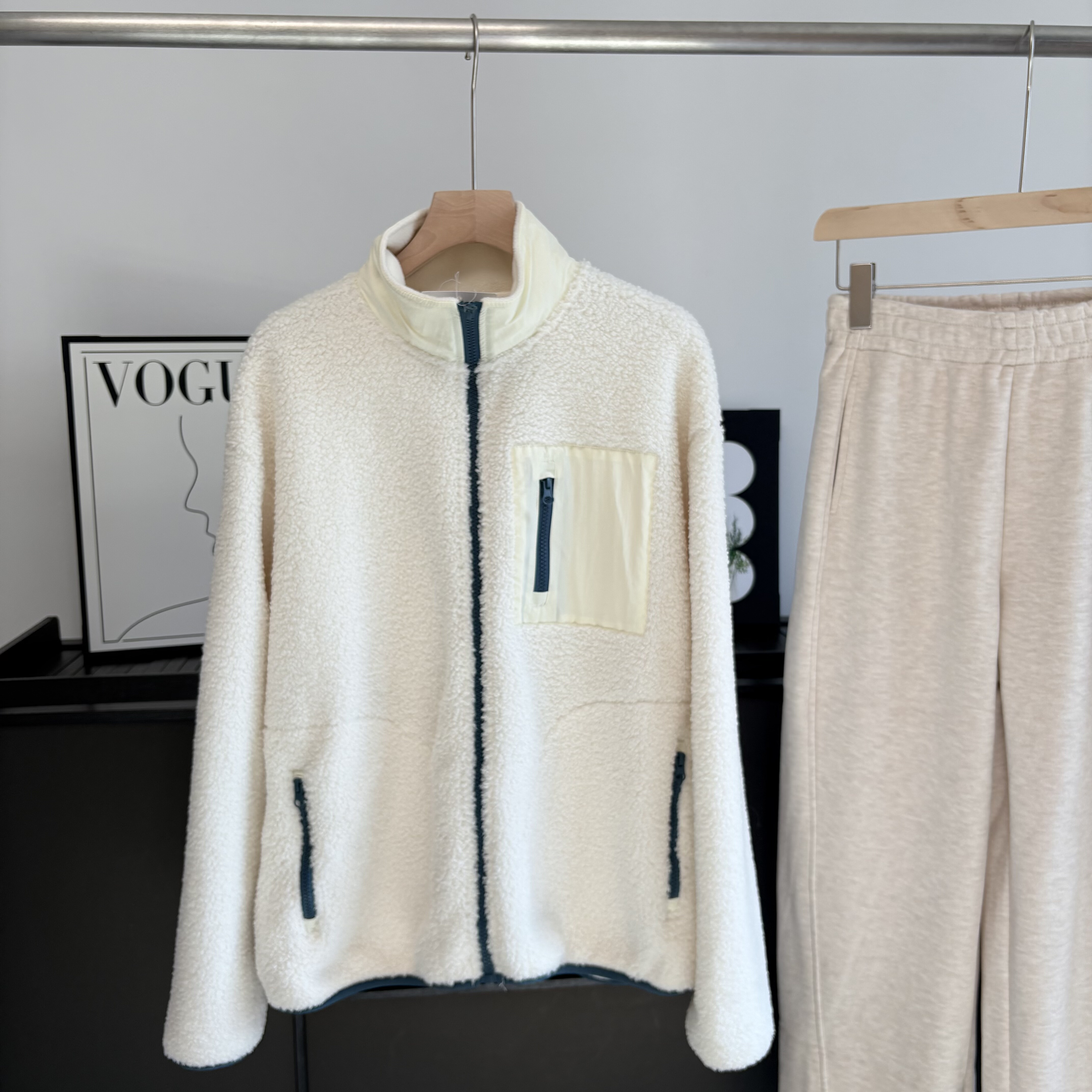 外贸俄单保暖摇粒绒短外套 立领拉链撞色拼接设计高领廓形夹克